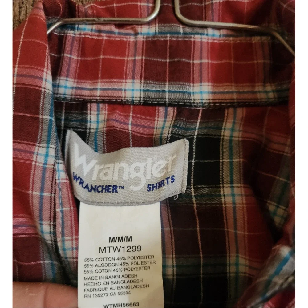 Wrangler Wrancher Shirt Mens M Red Plaid L/S Pearl Snap Flannel Pockets‎ Western
